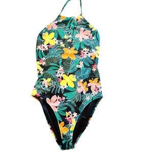 Old Navy One Piece Multi Color Floral Swimsuit Lined w, No Pads Halter Tie M
